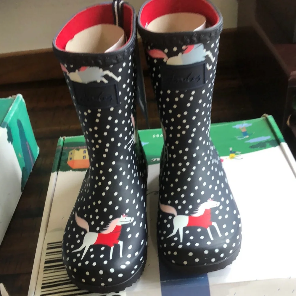 Joules Navy Polka Dot Unicorn Kids Rain Boots